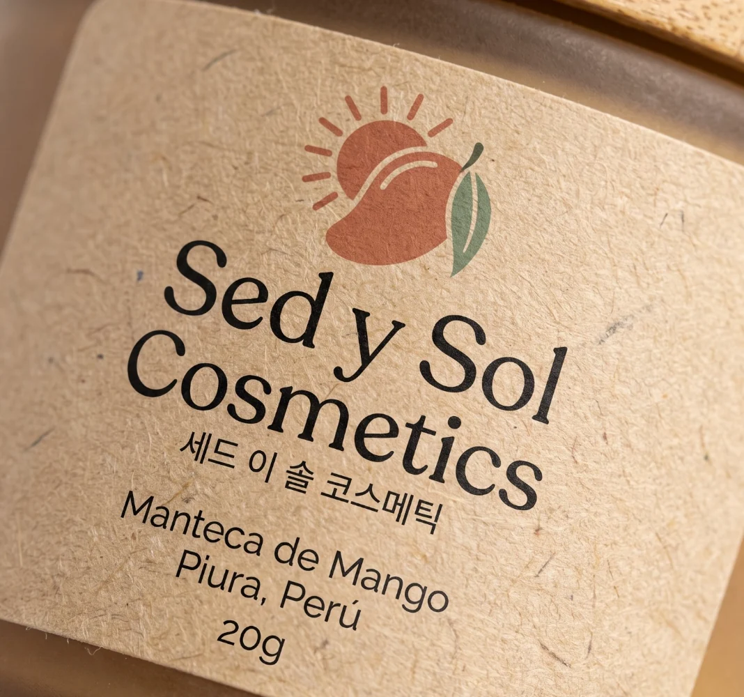 Primer plano de la etiqueta en papel kraft de Sed y Sol Cosmetics mostrando el logo del sol y el mango, texto en coreano 세드 이 솔 코스메틱 y origen Piura, Perú